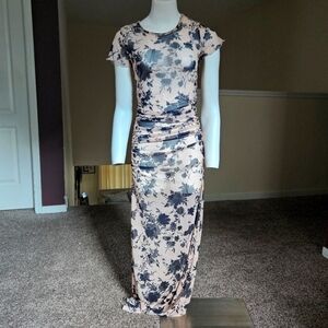 No Comment Sheer Floral Mesh Maxi Dress | Ruched High Slit | Size M